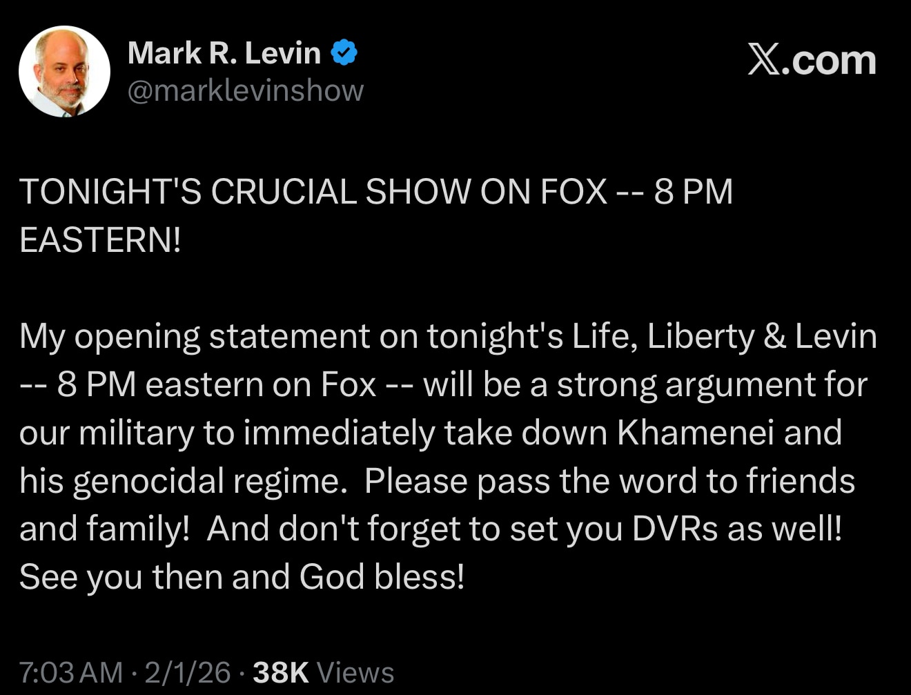 Israel First Panics—Call for National Audience to Pitch Next Forever War 

https://x.com/marklevinsh...