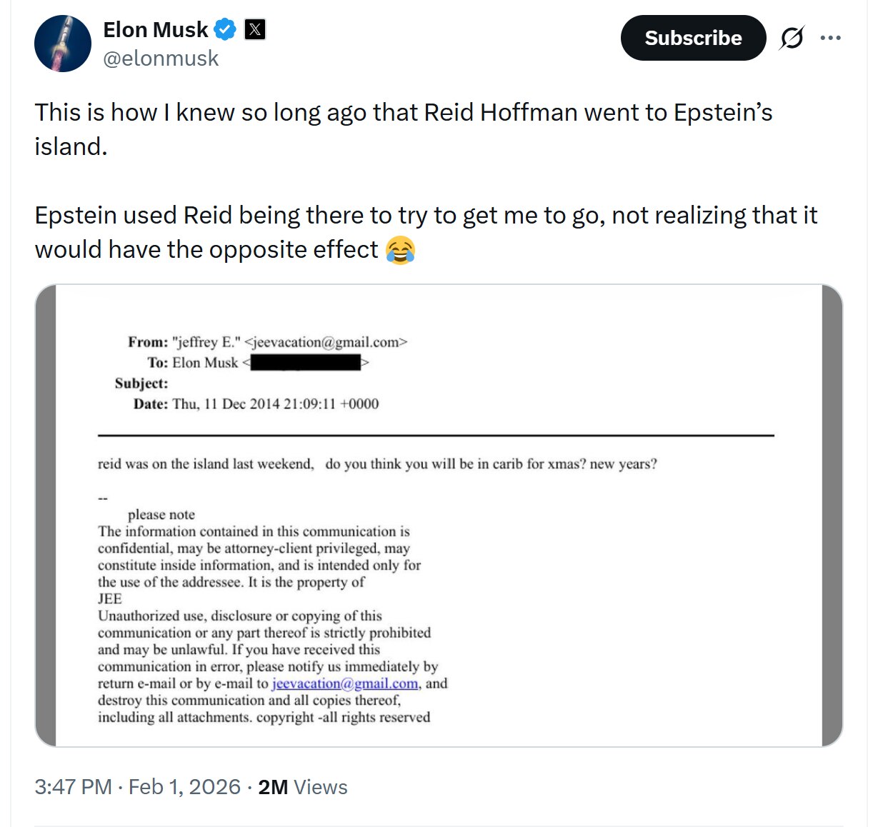 2月1日26，💥马斯克：“我很早以前就是通过这件事知道里德·霍夫曼去过爱泼斯坦的岛❗
爱泼斯坦还拿里德在那里这件事来劝我也去，完全没意识到这反而起了相反的效果 😂”

根据爱泼斯坦曝光文件，201...