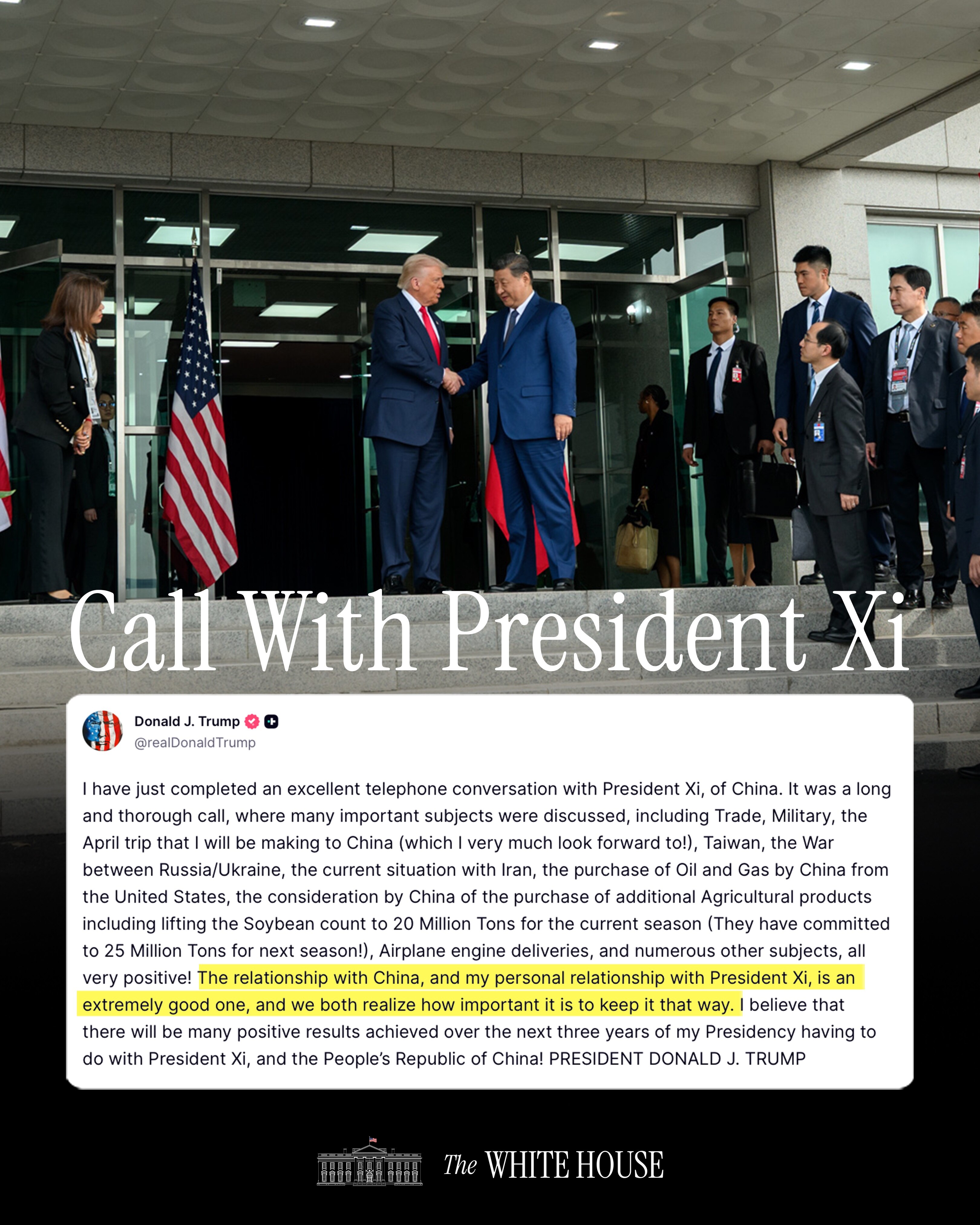 President Donald J. Trump completes an excellent telephone conversation with President Xi of China o...
