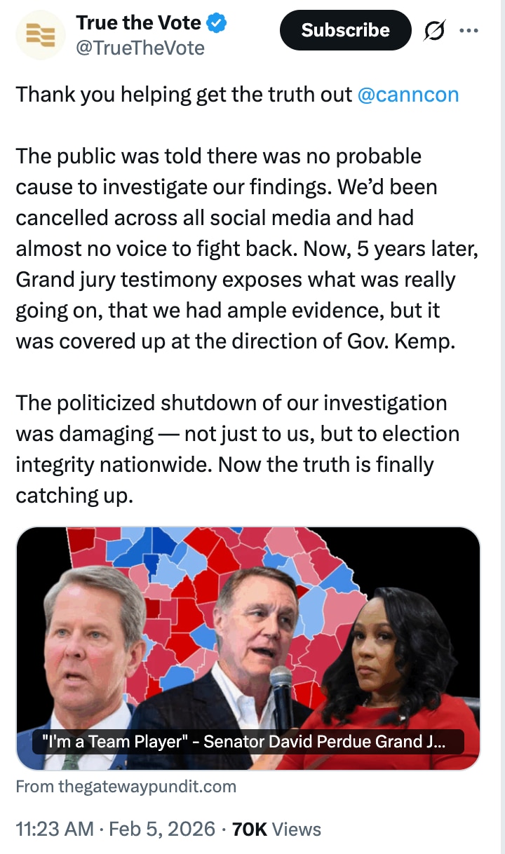 "we had ample evidence, but it was covered up at the direction of Gov. Kemp." - https://x.com/TrueTh...