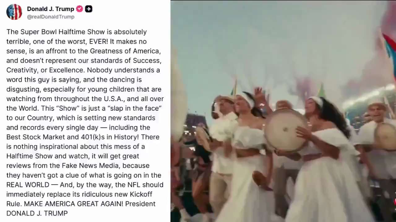 2月8日26，💥川普批评今年超级碗的中场表演：  一场糟糕透顶的超级碗中场秀，堪称史上最差之一❗

Bad Bunny全程用西班牙语演唱。“没人听得懂他在唱什么……”  川普在Truth Socia...