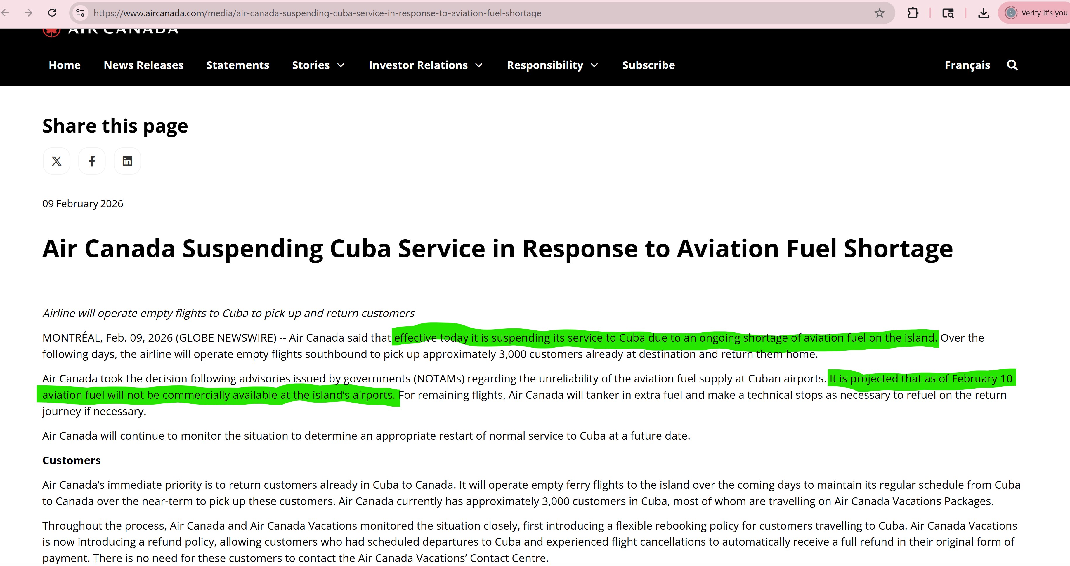 【美国之声--古巴商业用途的航空燃油预计将在一天内耗尽】2026年2月9日加拿大航空：

自今日起，由于古巴岛上持续存在航空燃料短缺问题，将暂停飞往古巴的航班服务。

预计自2月10日起，古巴岛上的机...