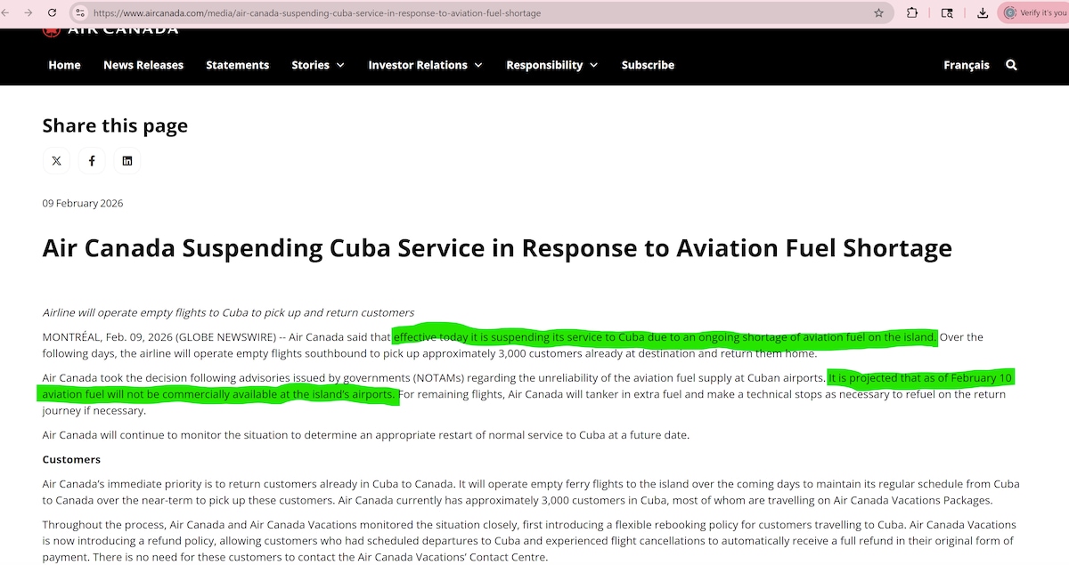 【美国之声--古巴商业用途的航空燃油预计将在一天内耗尽】2026年2月9日加拿大航空：

自今日起，由于古巴岛上持续存在航空燃料短缺问题，将暂停飞往古巴的航班服务。

预计自2月10日起，古巴岛上的机...