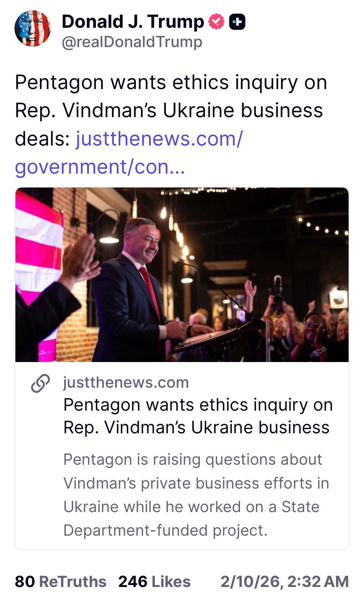 Posted by President Trump on Truth Social,Fed.10，2026 at 2:32 AM EST

Pentagon wants ethics inquiry ...