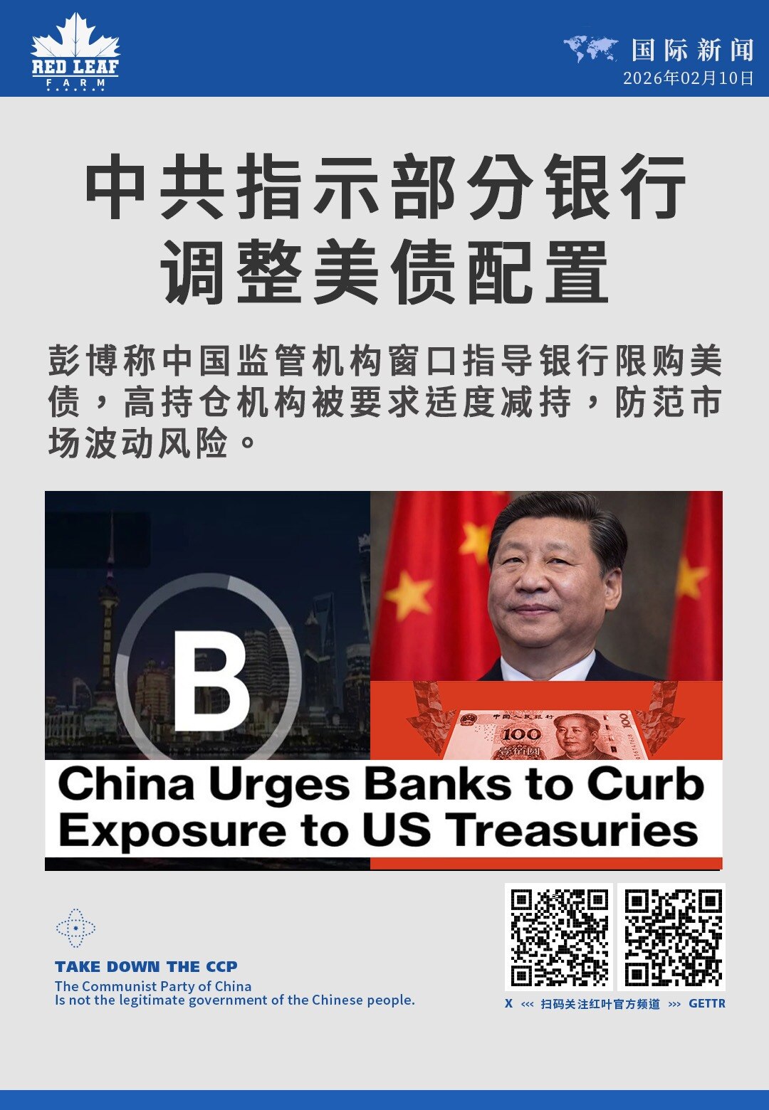 中共指示部分银行 调整美债配置

彭博称中国监管机构窗口指导银行限购美债，高持仓机构被要求适度减持，防范市场波动风险。
#中国减持美债 #窗口指导银行 #美债持仓调整 #去美元化趋势 #中国外汇资产配...