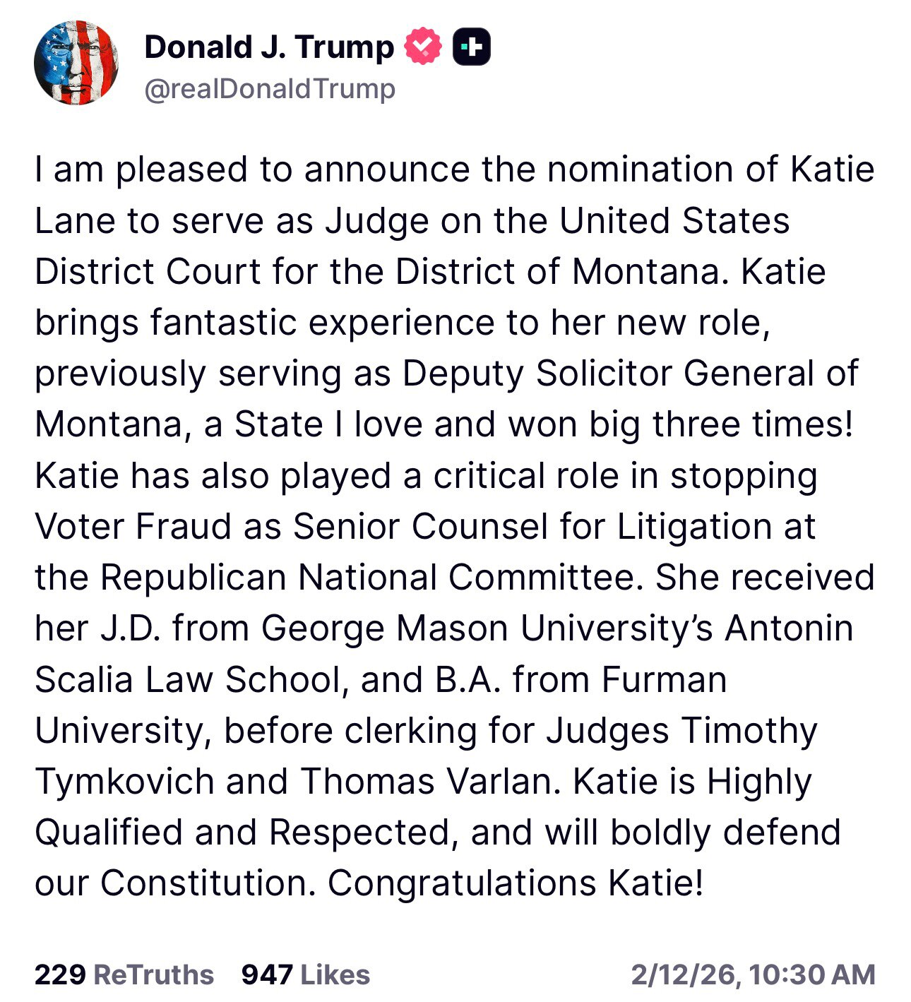 Posted by President Trump on Truth Social, Fed.12，2026 at 10:30 AM EST

I am pleased to announce the...