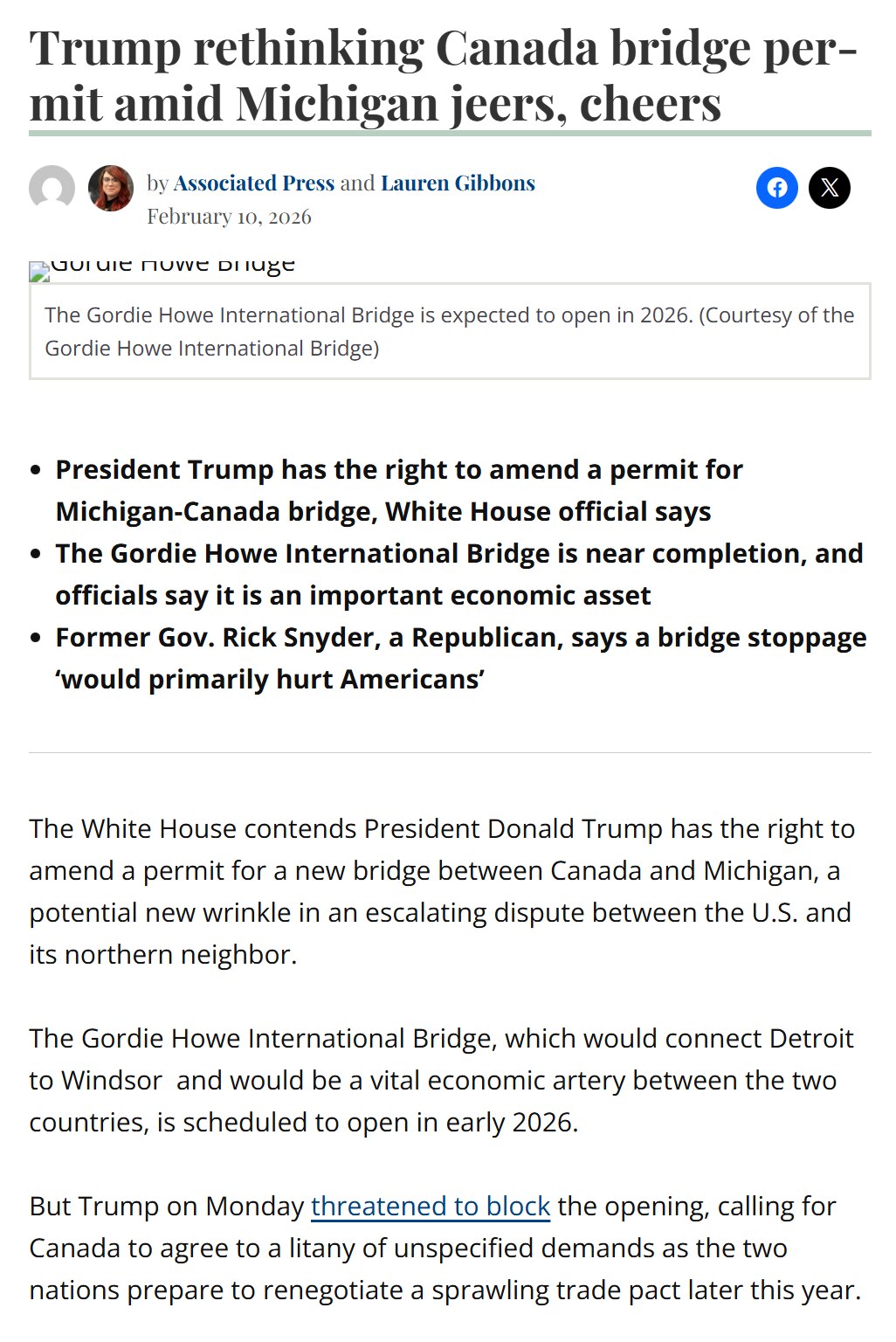川普援引加拿大对美国乳制品征收关税、抵制美国酒类以及加中贸易协议等事宜称，除非美国得到对其所付出的一切的充分补偿，否则他不会允许一座密歇根州加拿大桥梁开放通行。
