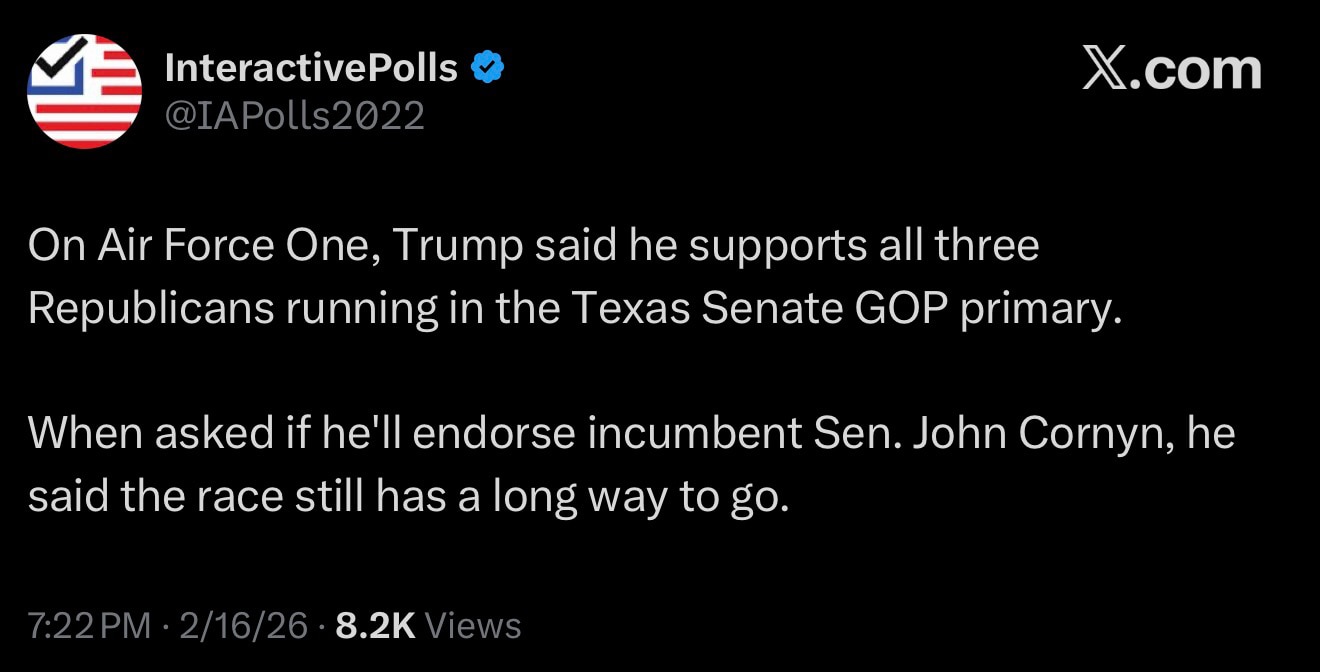 “On Air Force One, Trump said he supports all three Republicans running in the Texas Senate GOP prim...