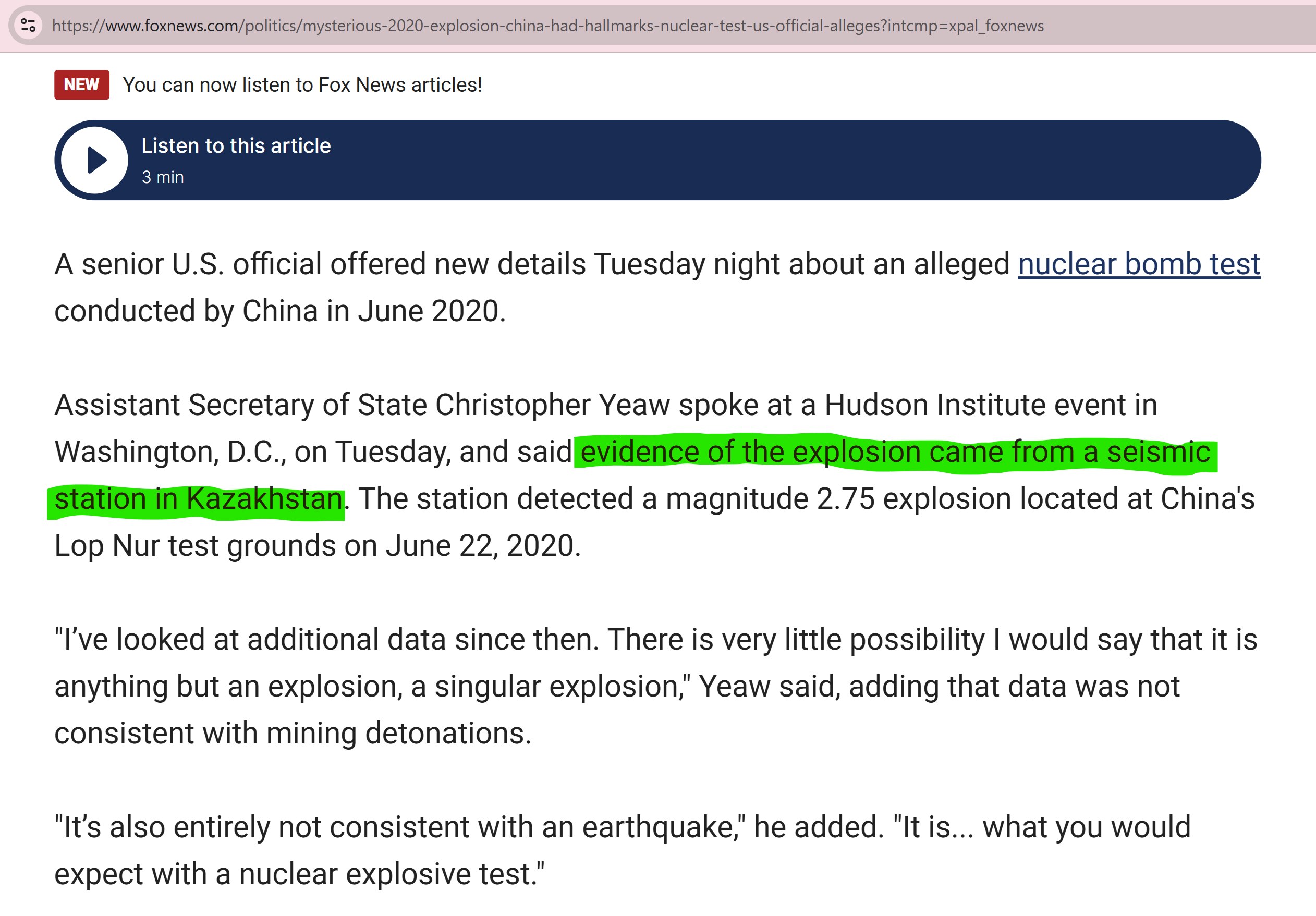 【美国之声——哈萨克斯坦向美国提供中共核试验的证据？】2026年2月18日《福克斯新闻》：

2026年2月17日，美国助理国务卿克里斯托弗·耶奥披露中共国于2020年6月进行核试验的细节，表示相关爆...