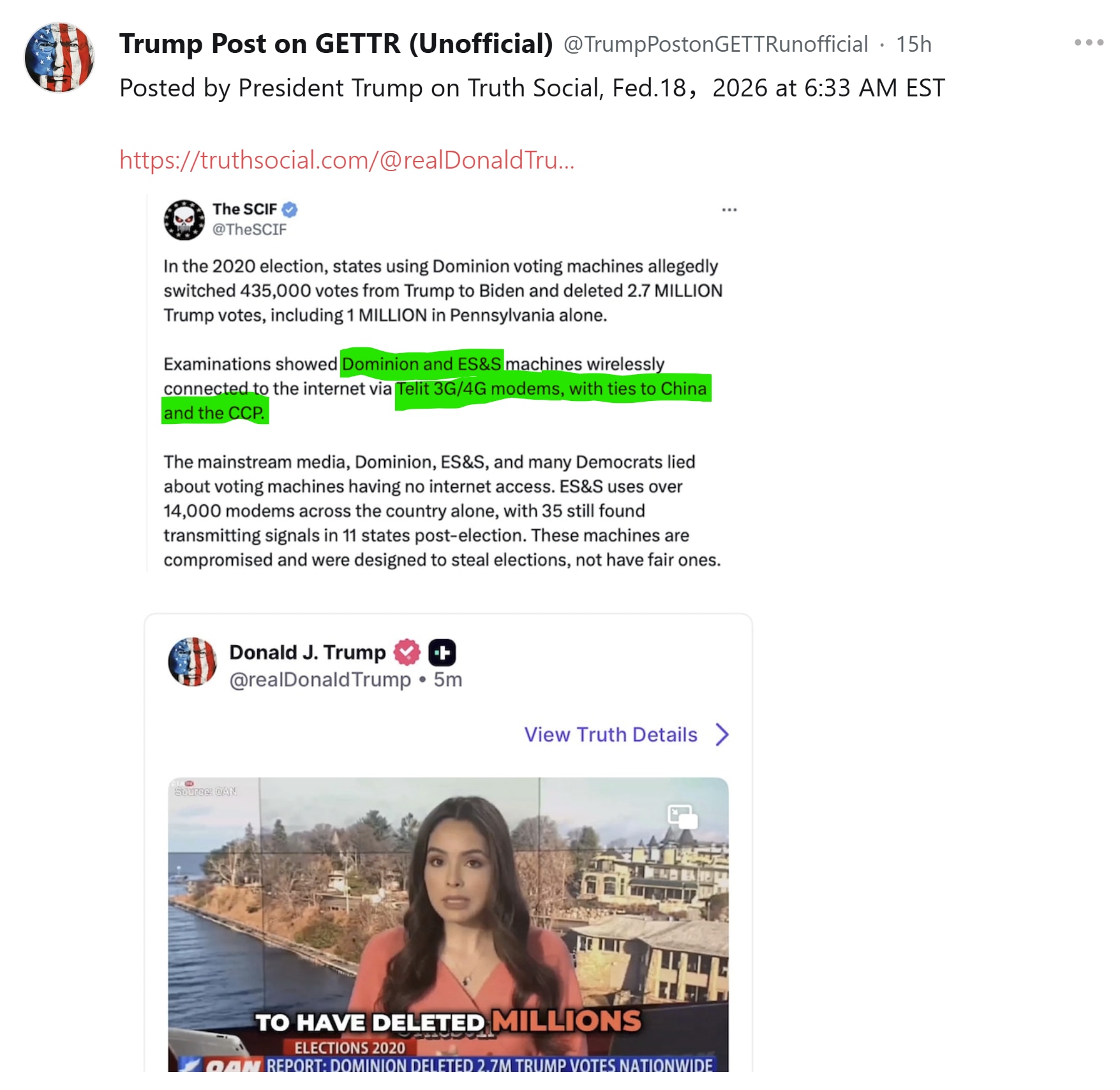 【美国之声--“Dominion和ES&S的投票机和中国及中共有联系”】2026年2月18日川普总统转发 X 上的 @TheSCIF：

“在2020年大选中，使用Dominion投票机的州据称将43...
