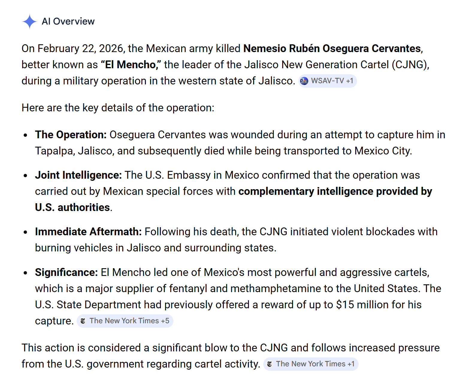 【美国之声——墨西哥军方击毙芬太尼大毒枭】

2026年2月22日，墨西哥军方击毙大毒枭内梅西奥·鲁本·奥塞格拉·塞万提斯（绰号“埃尔·门乔”）。塞万提斯在抓捕行动中受伤，并在被空运至墨西哥城途中死亡...