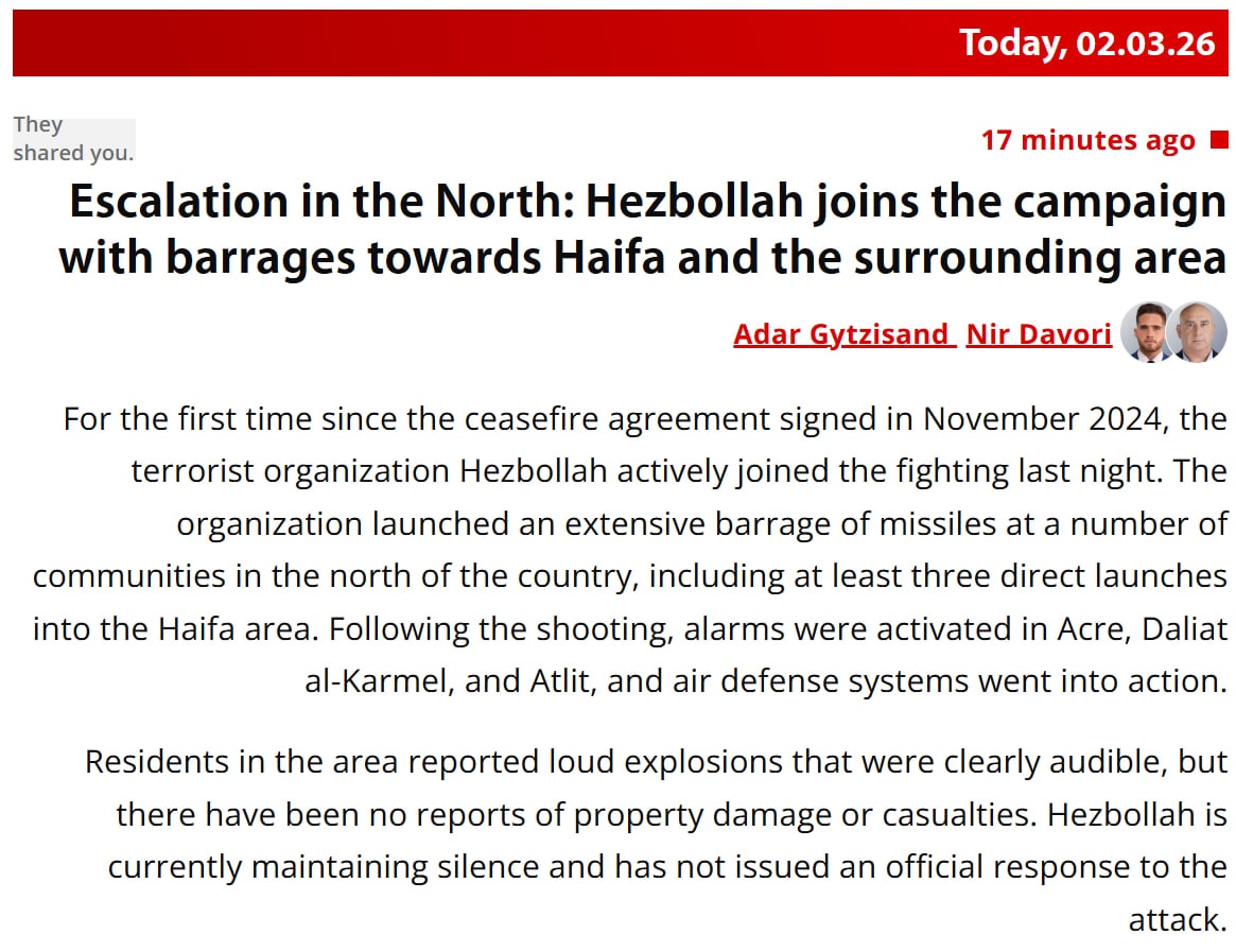 JUST IN - Hezbollah joins the war with extensive rocket fire at communities in the north of Israel —...