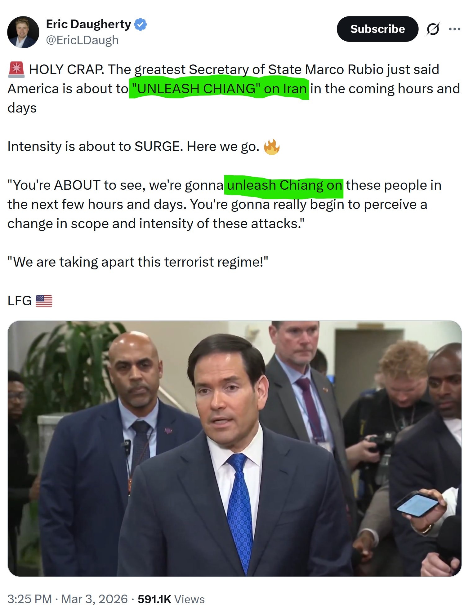 【美国之声--将全力开轰伊朗】2026年3月3日国务卿卢比奥：

“你们马上就要看到了，接下来几小时到几天内我们马上要全力开轰伊朗了！ 你们会真切感受到，攻击范围和强度大幅升级。 

我们正把这个恐怖...