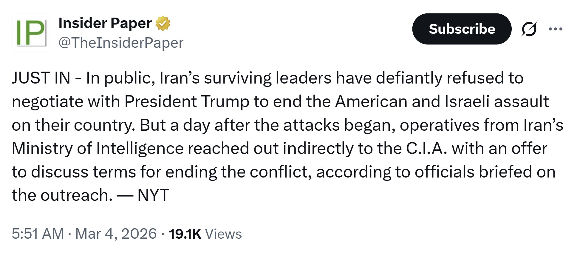 【美国之声--仅顽抗了一天，就要求讨论投降条件】2026年3月4日Insider Paper:

在袭击开始一天后，伊朗情报部的人员曾通过间接渠道接触中央情报局，提出讨论结束冲突条件的提议。

#讨论...