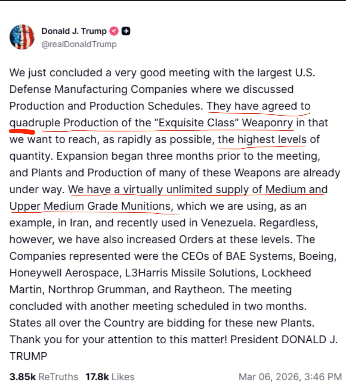 川普总统发帖说美国的中级以及中高级武器是非常充足的！军火商开足马力生产武器弹药，赚钱的好机会啊。那些中共和伊朗在媒体上散布的美国弹药要耗尽的谣言见鬼去吧，中共还想用伊朗耗尽美国的弹药和资源，日本这个大...