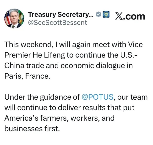 Treasury Secretary Scott Bessent confirms he will meet CCP’s Vice Premier He Lifeng this weekend in ...