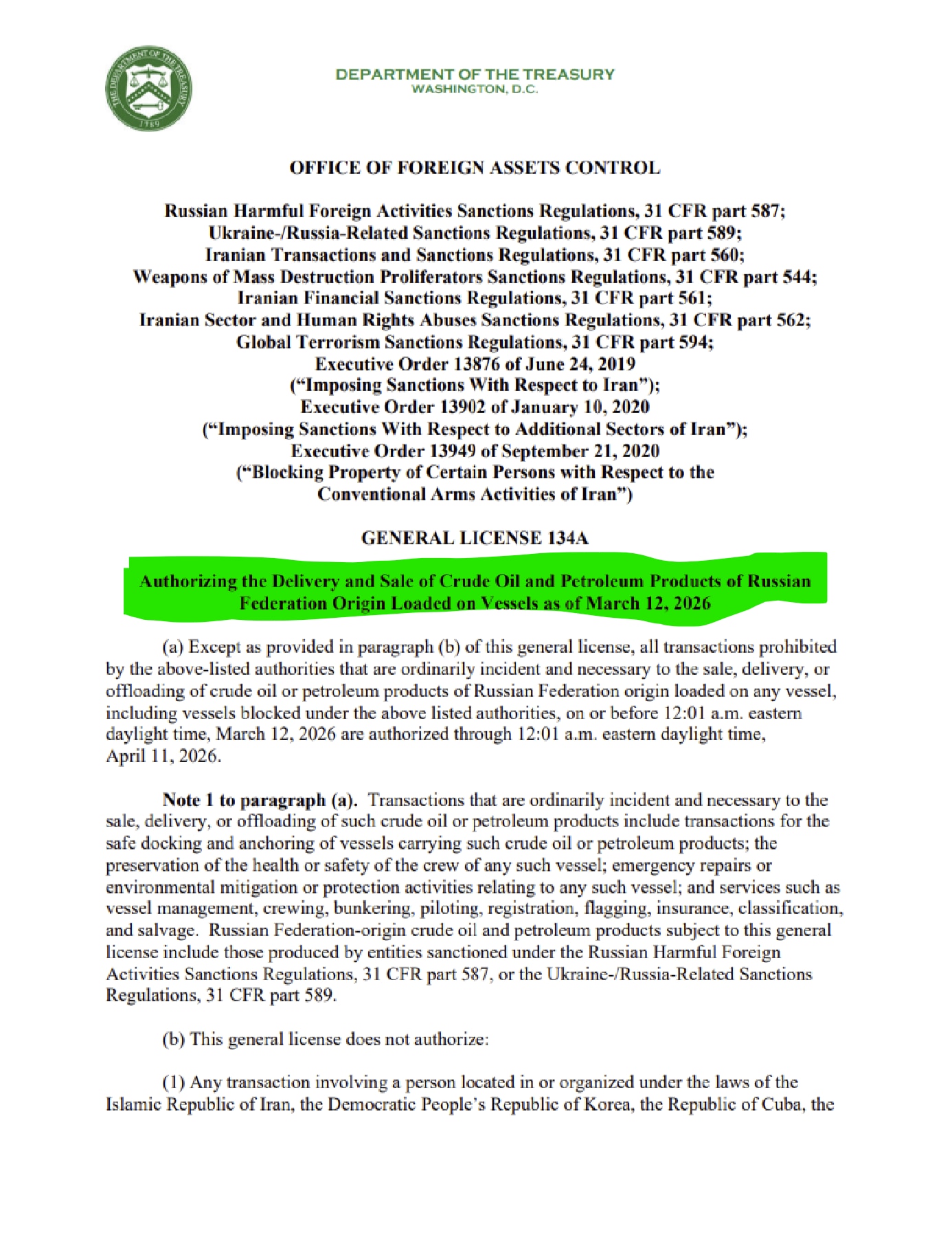 【美国之声--向俄罗斯伸出橄榄枝？解除对部分俄油的制裁】2026年3月19日美国财政部外国资产控制办公室（OFAC）发布与俄罗斯相关的第134A号通用许可证，题为“授权交付和销售截至2026年3月12...