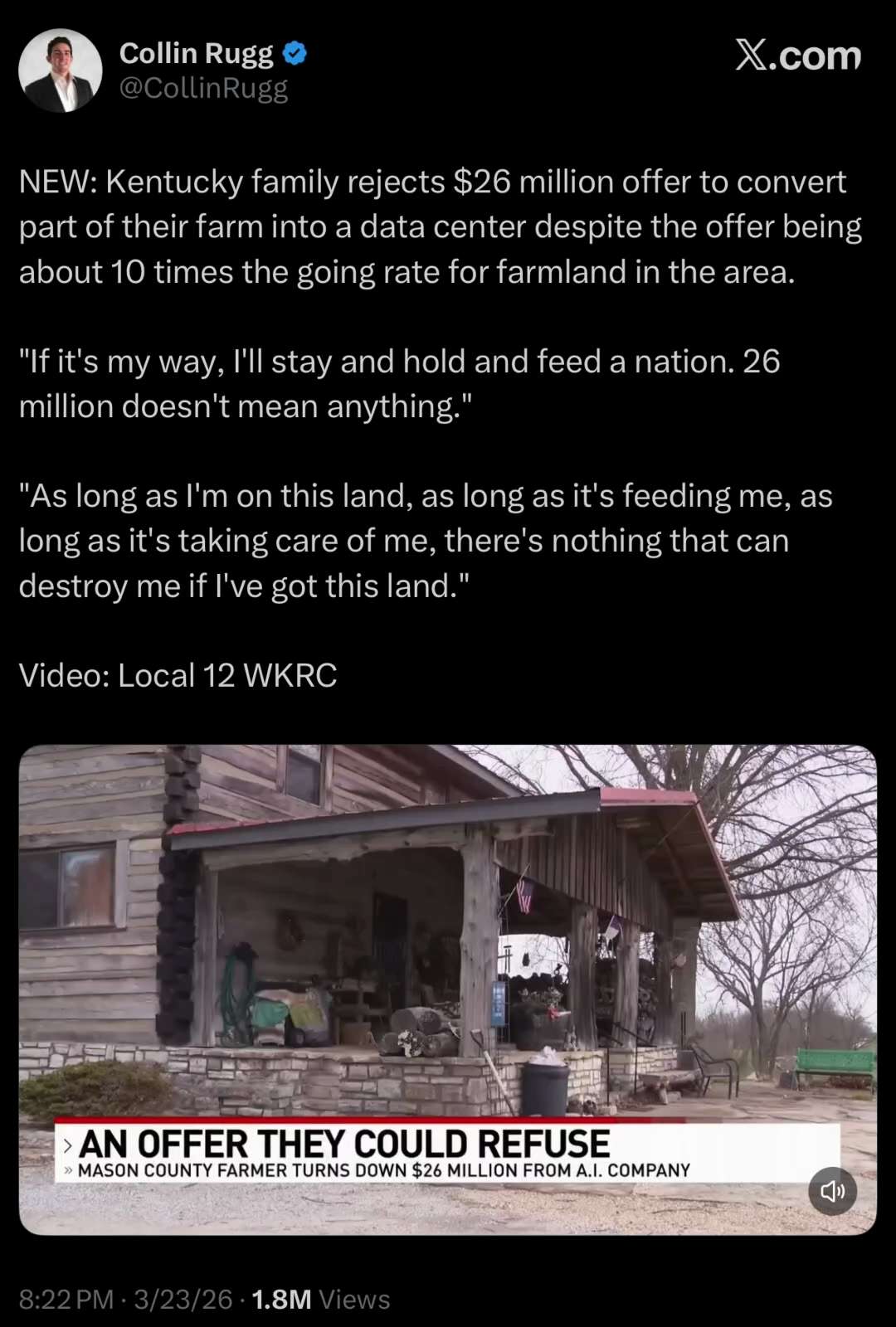 "If it's my way, I'll stay and hold and feed a nation. 26 million doesn't mean anything."

https://x...