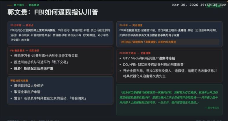 郭文贵亲述：我被视为存亡威胁‼️
💥2018年底转折点：FBI突然停止获取中共情报，转而针对郭先生！
💥FBI逼迫郭先生诬陷川普家族和中共的关系，并威胁拒绝配合后果严重！
💥郭先生拒绝后被报复，...