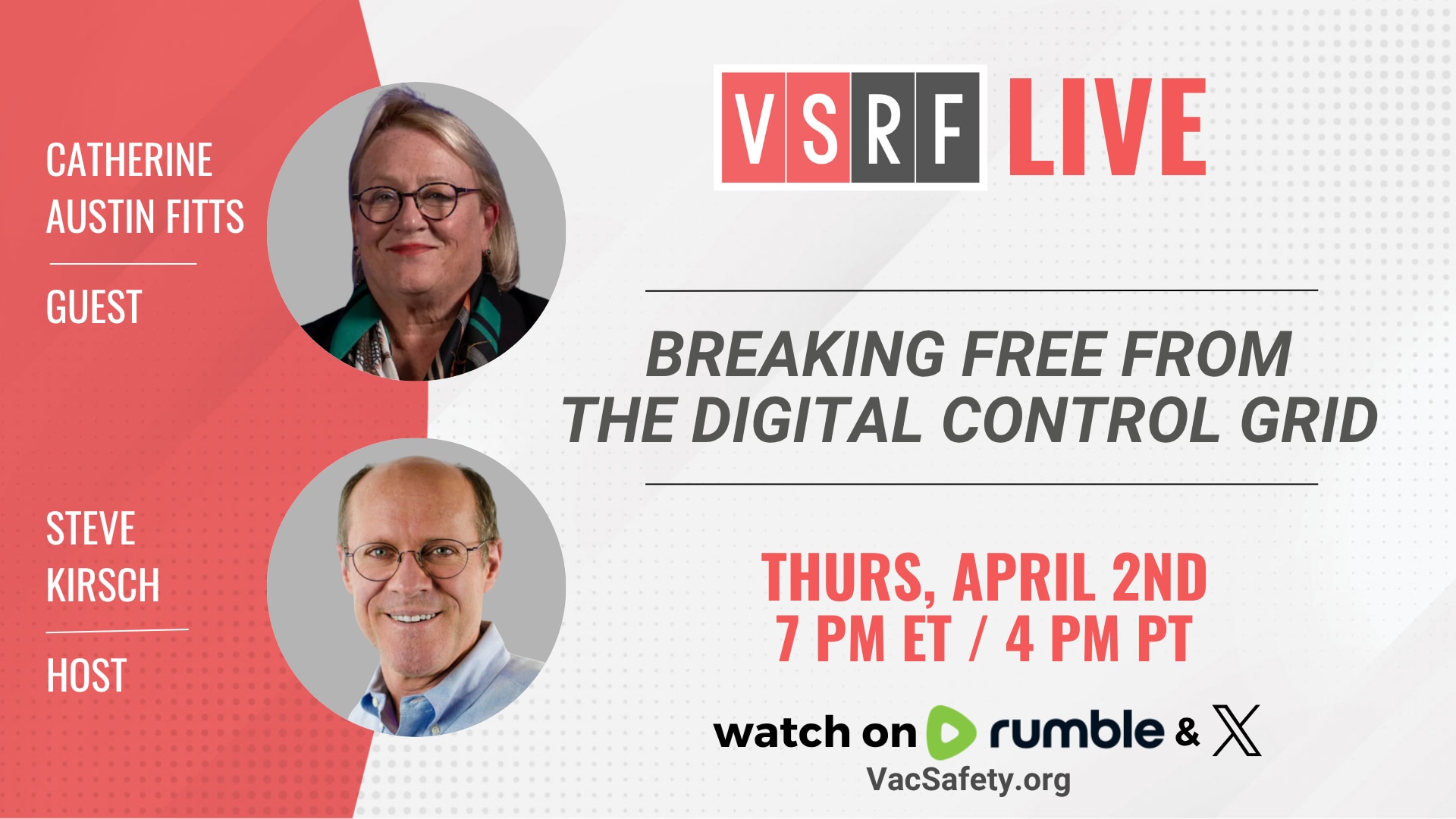 🚨 TONIGHT on VSRF Live:

We welcome back Catherine Austin Fitts to connect the dots between finance...