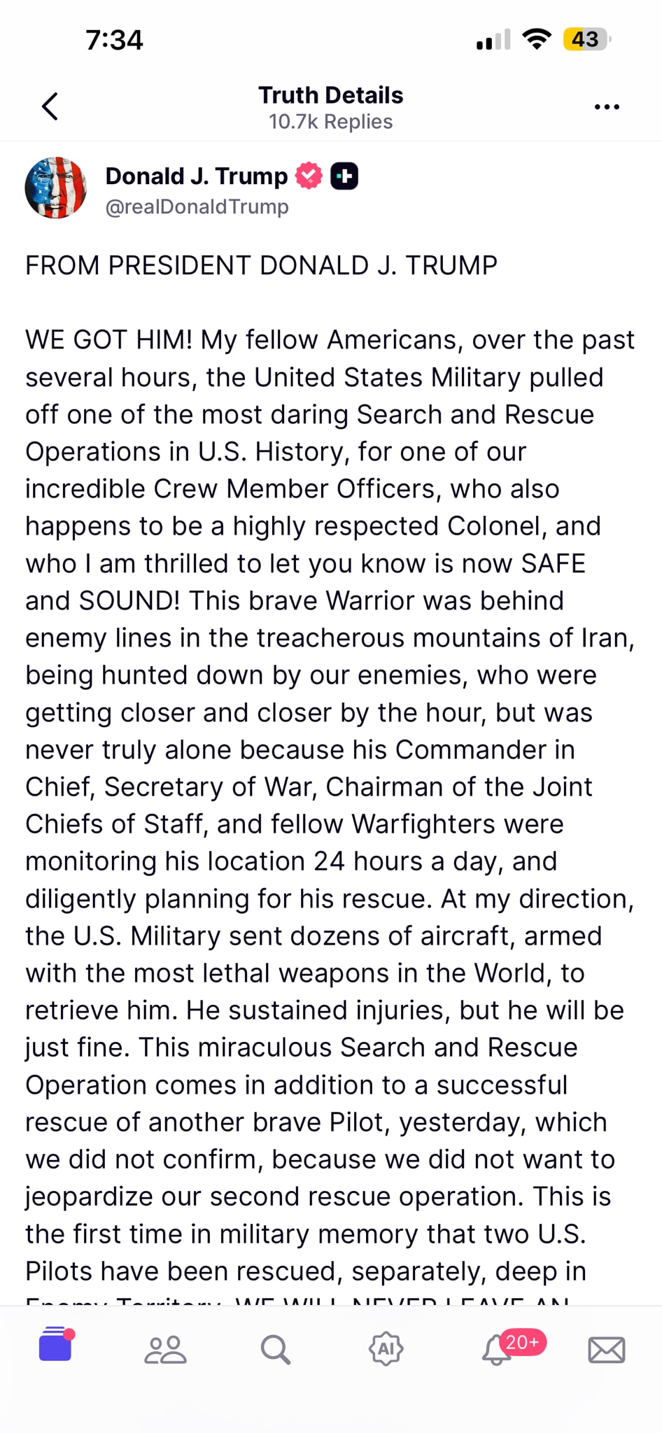 4/5/2026 12:08AM Trump总统发布最新消息，“We got him.” 美军成功营救第二名F-15 战机飞行员，消息震撼世界：美军军魂犹在，美国国运犹在， God is good!