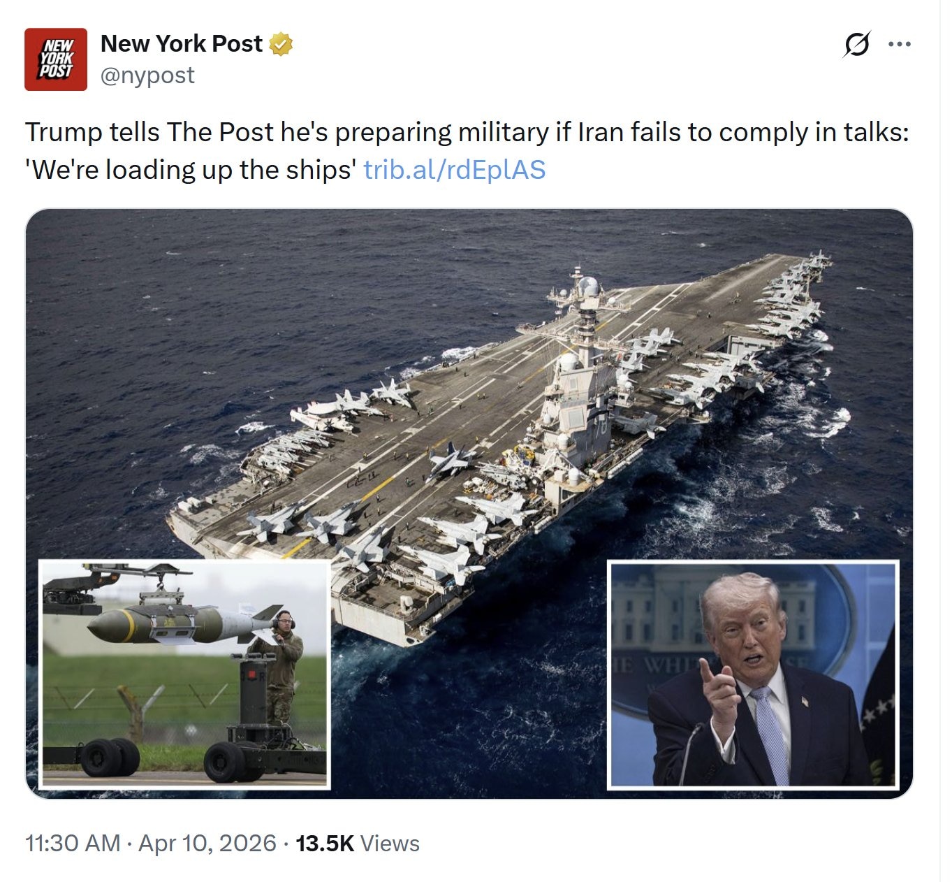 【美国之声--美国军舰正重新装载最好的弹药】2026年4月10日川普总统：

美国军舰正重新装载最好的弹药，以便在巴基斯坦的和平谈判失败时，恢复对伊朗的打击。 24 小时后就就知分晓。 

我们正和一...