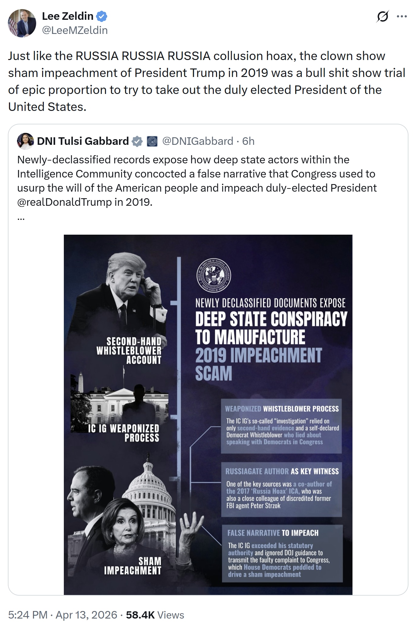 【美国之声--2019年对川普总统的弹劾是基于编造的虚假叙事】2026年4月13日 川普总统转发美国环保署署长泽尔丁评论国家情报总监加巴德的推文（链接见本盖文末）：

“就像‘俄罗斯、俄罗斯、俄罗斯’...