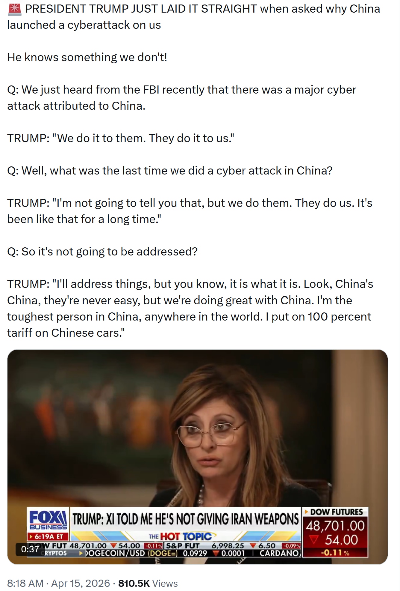 【美国之声——中共网络攻击我们，我们也攻击他们（谁怕谁呢！）】2026年4月15日川普总统：

问：我们刚刚从 FBI 那里得知，最近有一起被归因于中共国的重大网络攻击。
川普答：“我们也对他们这么做...