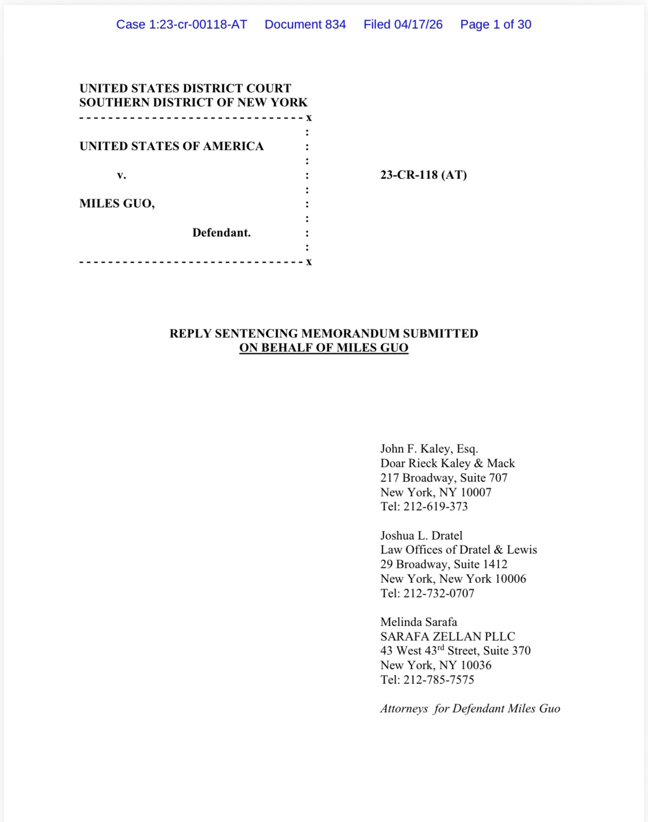 834文件更新：郭先生律师4月17日回复检方提交的量刑备忘录，立场是损失计算不成立、证据不足、量刑明显过重。以下是由目录整理的概括内容速览：

🚨一、损失金额不可靠
政府提出的13亿美元数字反映的是...
