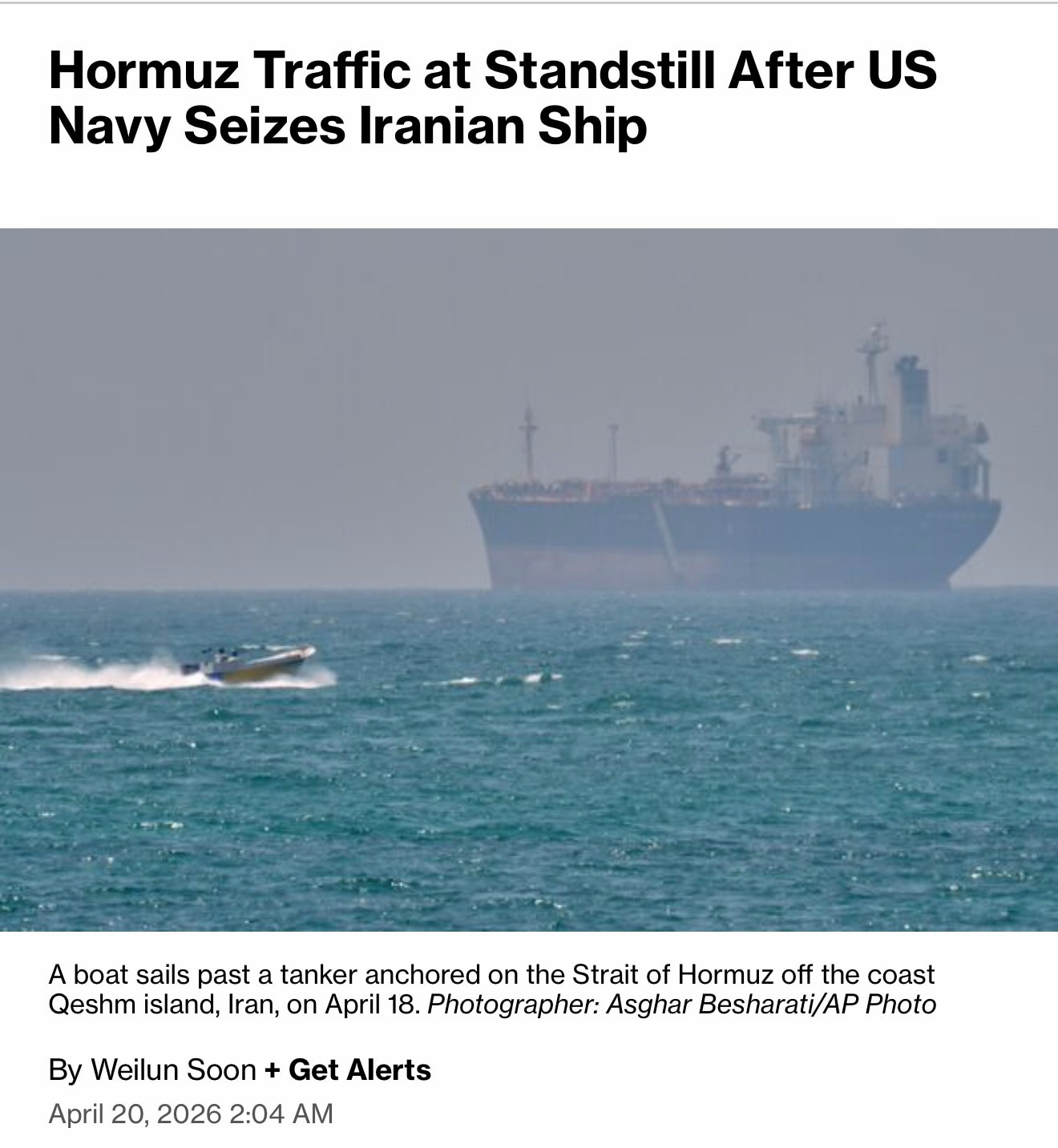 “Commercial traffic through the Strait of Hormuz is at a virtual standstill on Monday after a brief ...