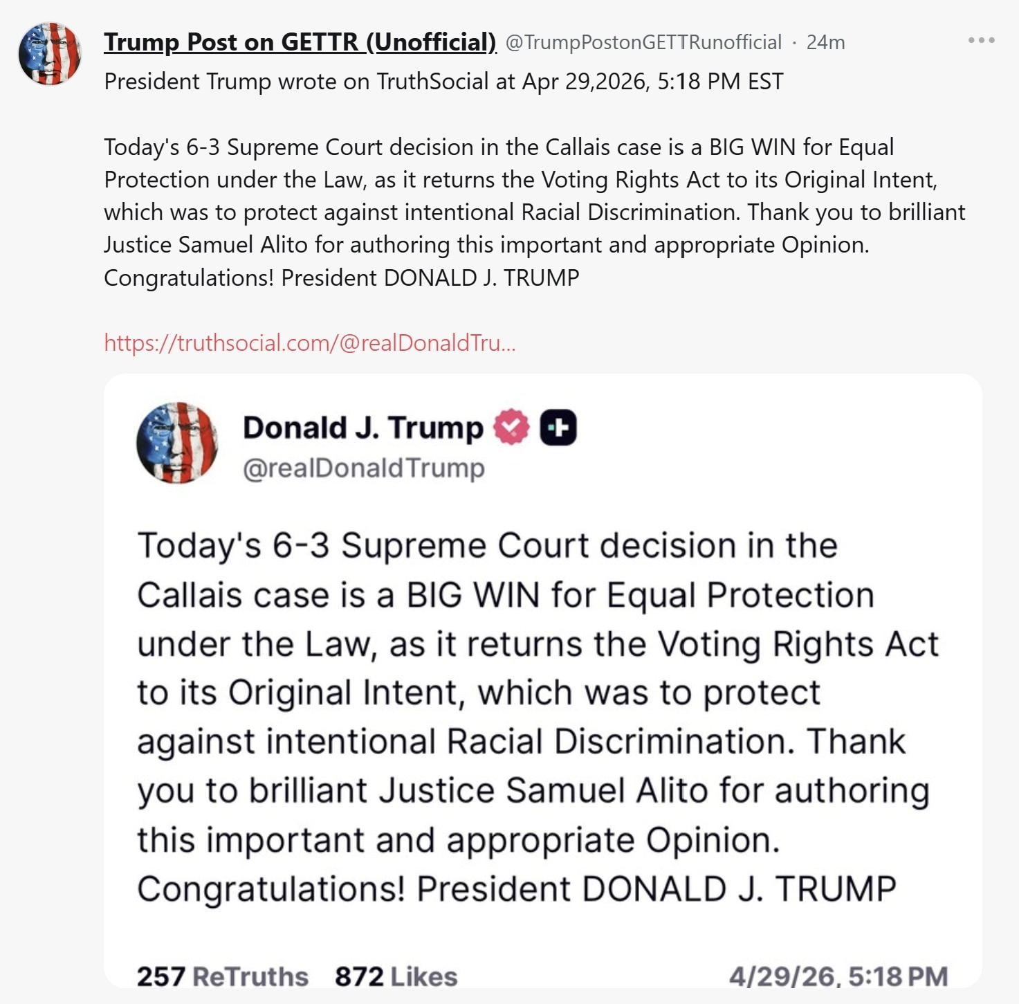 【美国之声--AI：今天最高法院的裁决有利共和党中期选举】2026年4月29日 川普总统：

“今天最高法院以6-3裁决的Callais案，是对‘法律面前平等保护’原则的重大胜利。这项裁决让《投票权法...