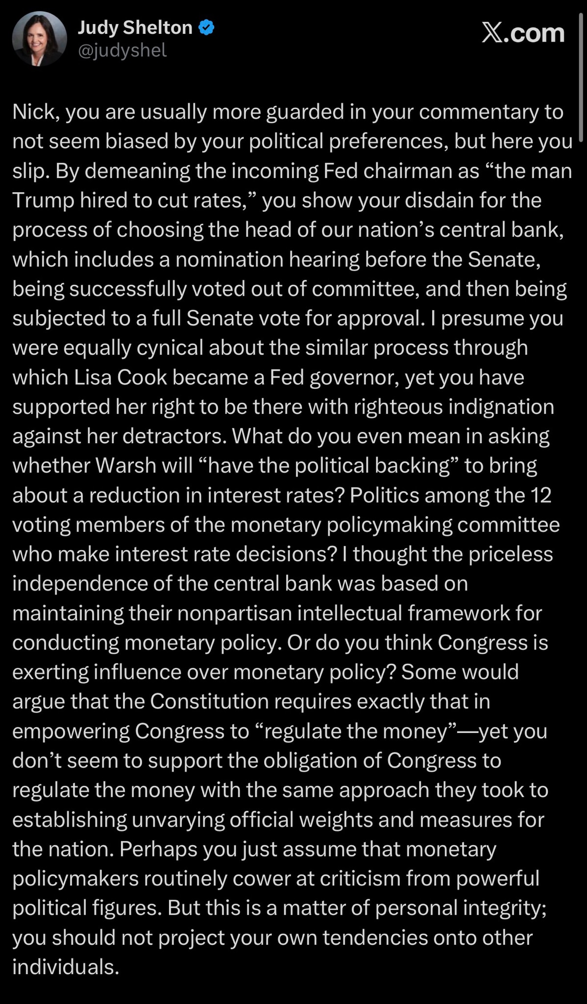 SHELTON: …What do you even mean in asking whether Warsh will “have the political backing” to bring a...