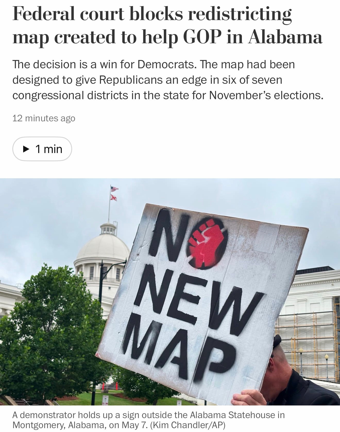 “A federal court Tuesday blocked Alabama from using a map designed to give Republicans an edge in si...