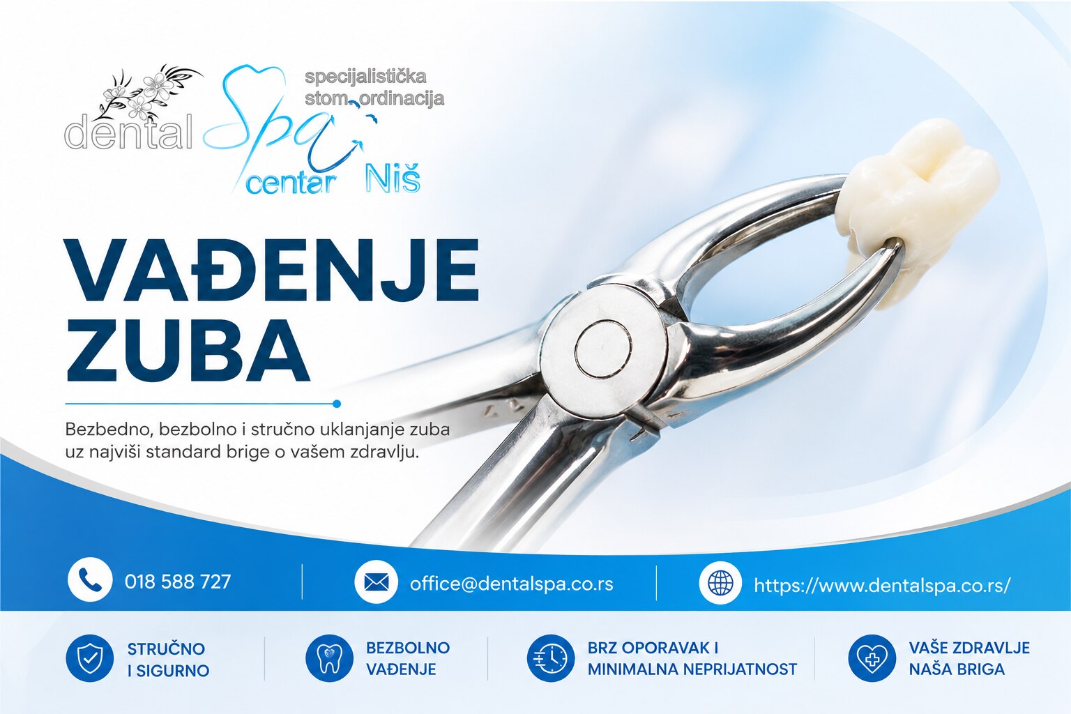 Profesionalno bezbolno vađenje zuba u Nišu

Dental SPA centar pruža bezbedno i bezbolno vađenje zuba...