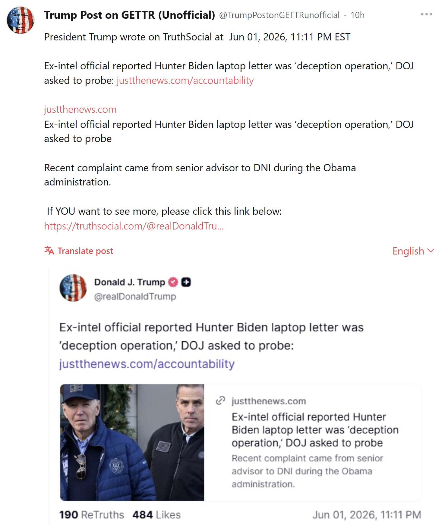 【美国之声——六年前压舆论，六年后成铁证？情报老将被指协调行动，以掩盖拜登家族丑闻，进而影响美国总统大选】2026年6月1日 川普总统转发《纯新闻》题为"前情报官员举报亨特·拜登笔记本电脑联名信为'欺...