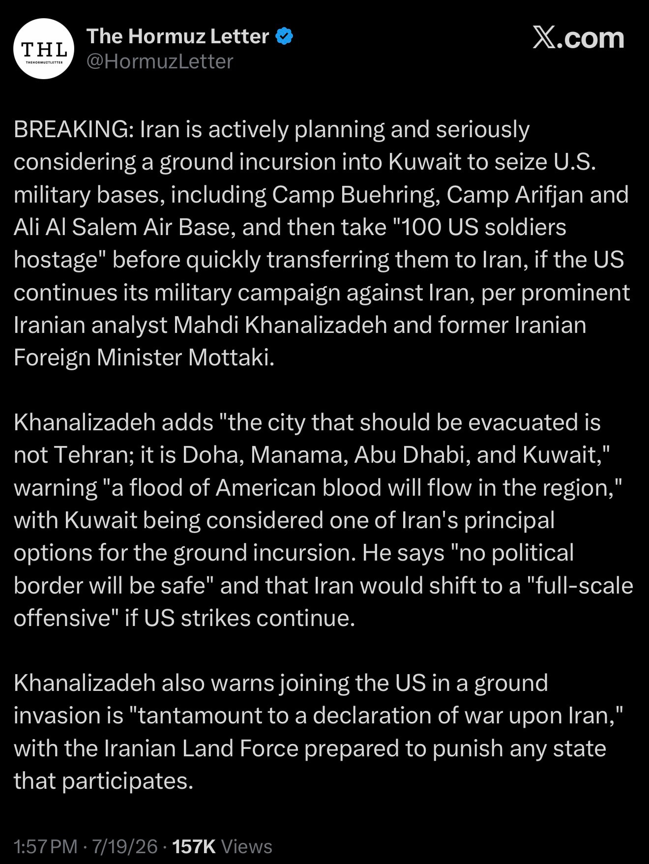 HormuzLetter: Iran is actively planning and seriously considering a ground incursion into Kuwait to ...