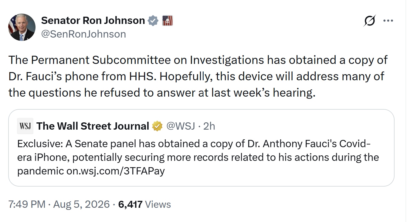【美国之声——福奇不回答问题也没关系，HHS已交出他的iPhone完整资料镜像，可直接从中找出答案】2026年8月5日，参议院常设调查小组委员会已从卫生与公众服务部（HHS）获得了福奇于新冠时期使用的...
