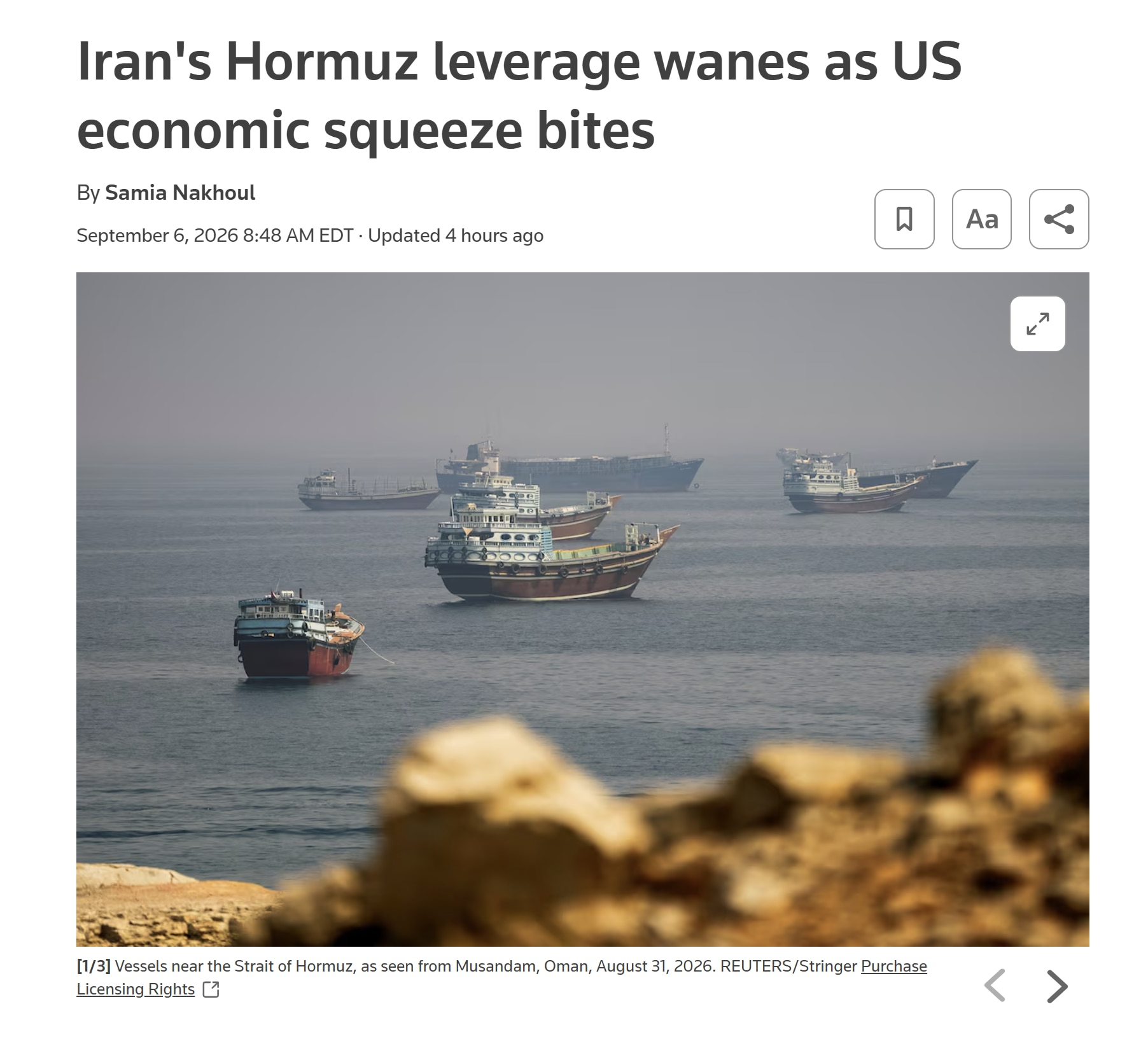 【美国之声——路透：伊朗的霍尔木兹牌失灵，美国经济绞杀开始见效；伊朗官员担忧民众可能重新挑战现任政权】2026年9月6日《路透》：

冲突半年后，美国通过海军封锁与史上最严制裁对伊朗施加空前经济压力，...