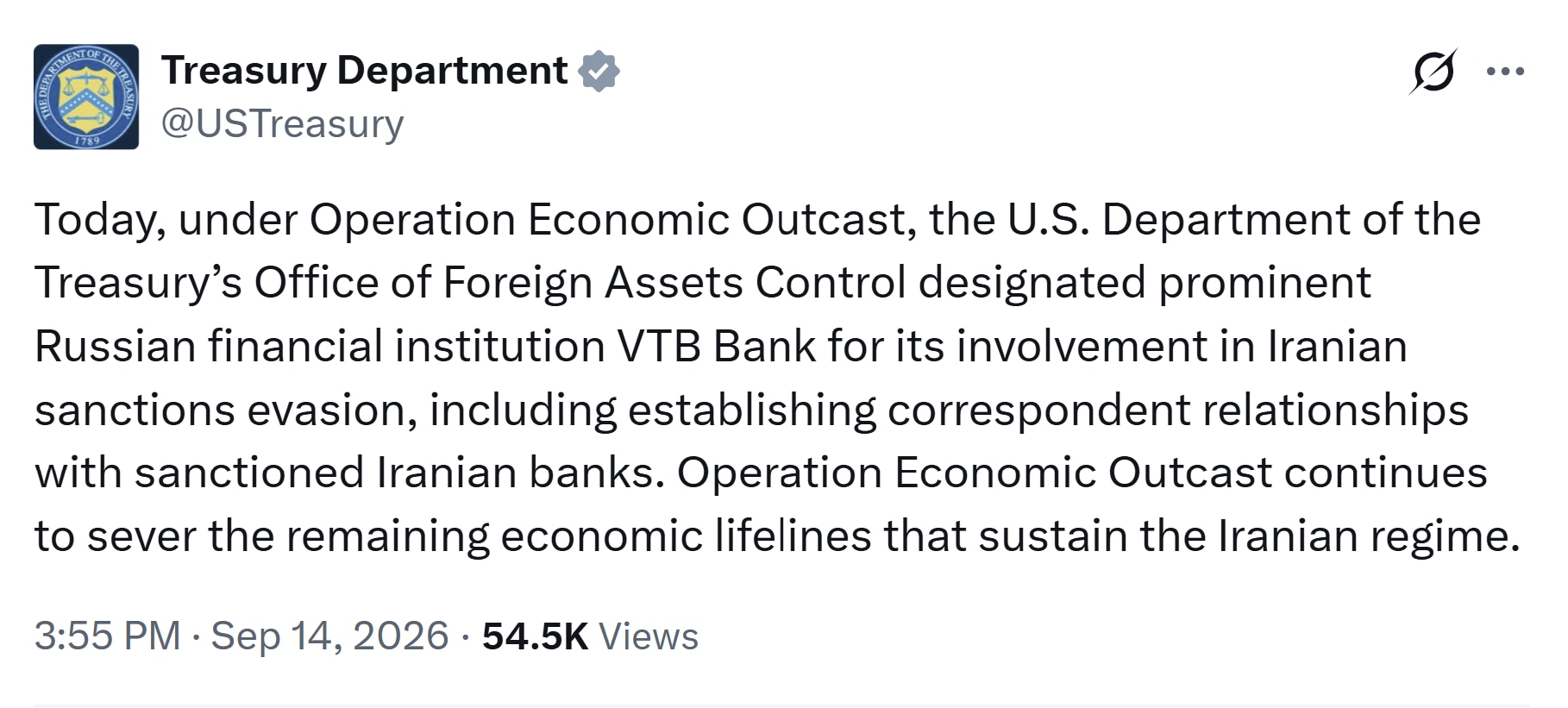 【美国之声--经济放逐行动： 制裁俄罗斯的银行】2026年9月14日财政部：

今天，美国财政部海外资产控制办公室（OFAC）在"经济放逐行动"框架下，将俄罗斯知名金融机构对外贸易银行（VTB银行）列...