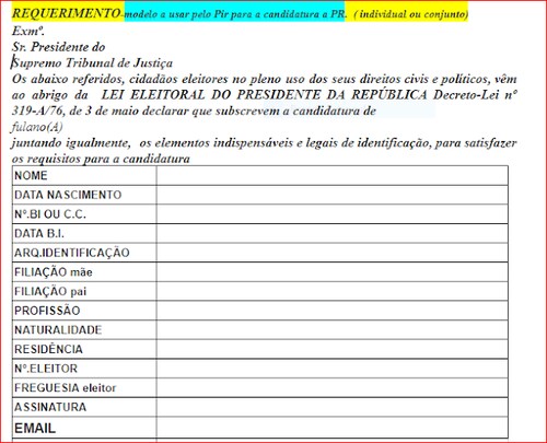 PORTUGAL
REQUERIMENTO p CANDIDATURA PRESIDENTE DA REPÚBLICA via net
programa CRP 296 MANDAMENTOS
logo q  7.500 cidadãos HONESTOS
SORTEIO p anotar nome no req e enviar  SUPREMO TRIBUNAL DE JUSTIÇA STJ
JURAMENTO JURADO e HONRADO 
se VIOLADO SPEL LEI 34/87
a pedido faço DESENHO
diz lá  AH ! não sabia