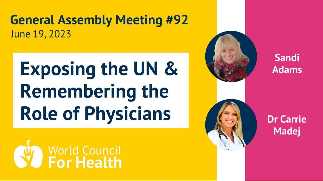 Join host Jemma Cooper live in the WCH Newsroom on Monday, June 19 at 6pm UTC for General Assembly Meeting #92! 

🇬🇧 Sandi Adams: Exposing the UN's Agenda 21/2030 
🇺🇸 Dr Carrie Madej: Remembering the Role of Physicians Support

Support WCH: https://worldcouncilforhealth.org/donate
Free Newsletter: https://worldcouncilforhealth.org/subscribe