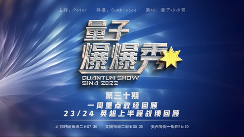 2023-12-04 #量子爆爆秀 第30期 
一週重點政經回顧 & 23/24 英超上半程戰績回顧
主持：Peter
导播：Bumblebee