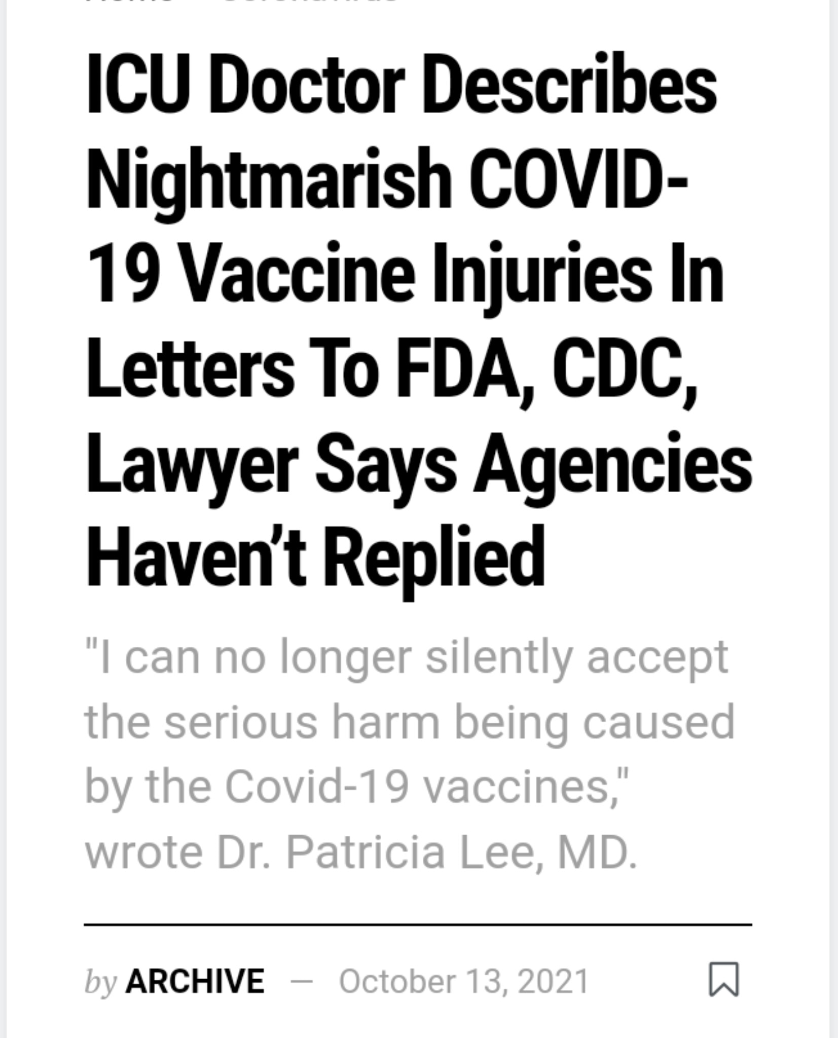 My Friend had her 2nd Pfizer vax on 3/22/21. Baseline labs normal!

Her symptoms after her vax were headaches, persistent cough & shortness of breath.

She sought treatment on 4/23 & lab work showed elevated LFTs, GGT, CRP & D-dimer above 2000.

On 4/24, a CT scan ruled out PE, but ground-glass opacities in her lungs. Her heart size was normal w/no signs of fluid.

58 days after her vax (19 after the CT showed her heart was fine) on 5/13/21 developed pericarditis requiring surgical drainage. 

Cancer biomarkers were found in the drained fluid but no tumors were found.

She developed ARDS, her D-dimer increased to over 5000, platelets fell below 60k, died of organ failure on 6/21/21.

She repeatedly tested negative for C19. Her story matches Dr. Lee's patient case #2!