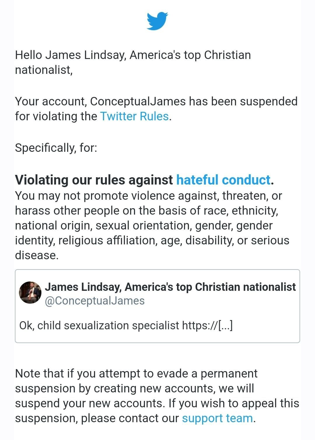 The bastards kicked me off to protect child predators. I'm grateful for the attention it will bring ...