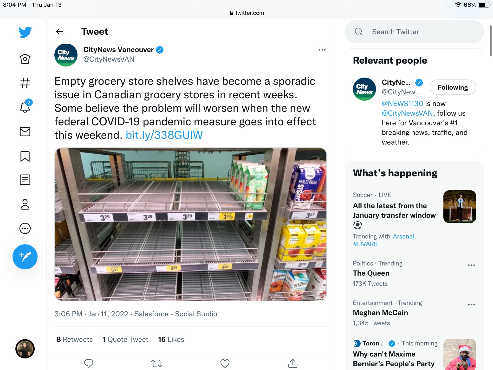 突发!强制令被取消加国卡车司机赢

超市的空货架已成为加拿大杂货店的零星问题。一些人认为，当新的联邦COVID-19 大流行措施强制疫苗于本周末生效时，问题将会恶化。

然而就在下一秒，加拿大联邦在最...