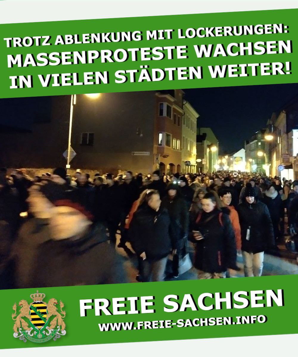 Der Druck lässt nicht nach: Wieder über 100.000 Sachsen bei #Massenprotesten auf der Straße!

Mit einigen #Lockerungen versucht die Regierung, die #Protestwelle zu brechen. Aber es gelingt ihr nicht, denn die Menschen lassen sich nicht mehr ablenken - die Gefahr einer #Impfpflicht, sowie die grundsätzliche Ablehnung des politischen #Establishments treibt sie weiter auf die Straße. Und so wuchsen in #Sachsen heute viele Proteste weiter an, Spitzenreiter war #Bautzen mit erstmals über 5000 Teilnehmern. Insgesamt liegt die Zahl der spazierenden / protestierenden Bürger wieder deutlich über 100.000. Und das ist eine klare Ansage an die Politik!