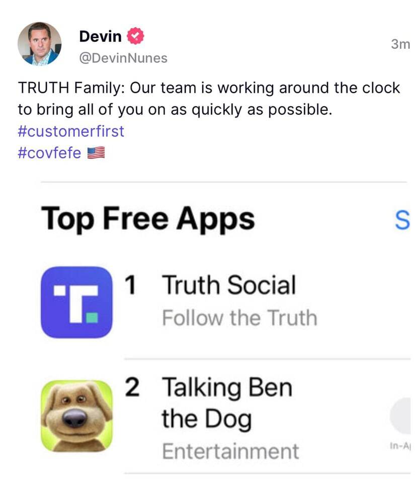 Truth CEO Nunes assures everyone that they’re doing their best to get everyone on board. Also showin...