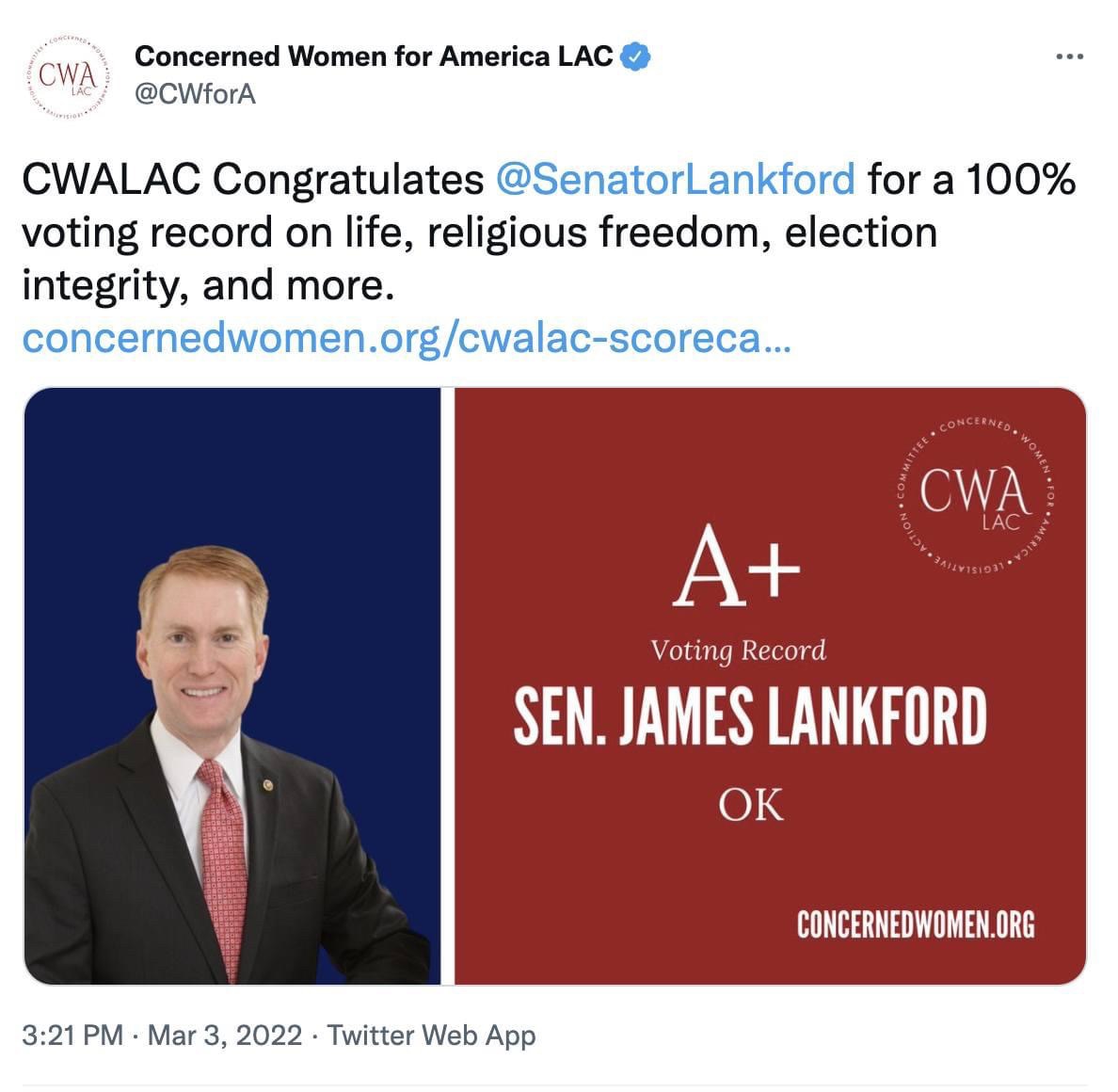 The sanctity of life, religious freedom, election integrity, protecting women, education, parental rights & support for Israel are all issues I care greatly about.
 
Thankful for organizations like Concerned Women For America LAC, & proud to receive a 100 score from my friends there as we work together on these issues.