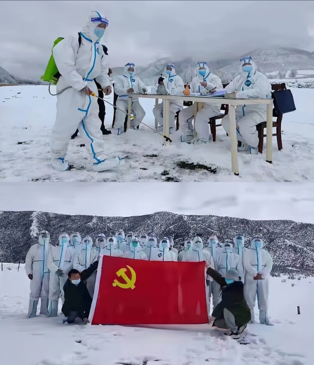 这种愚弄人的摆拍只有反人类的 #邪教CCP 才做的出来！
青海大白深入高原雪山消杀，这样了无人烟的冰天雪地哪有新冠病毒丫......
This foolish posing only anti-hum...