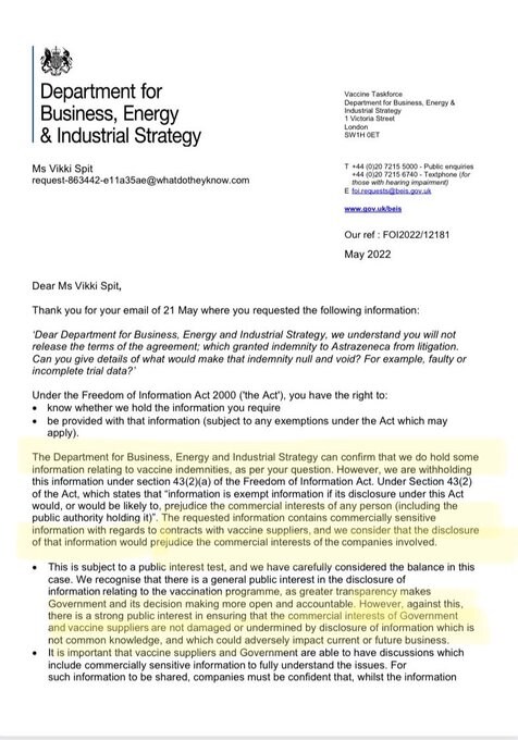 Maajid أبو عمّار
@MaajidNawaz
 · 1h
Vikki Spit’s (@buckyouhorses) partner Zion DIED after his AstraZeneca vaccine.

Vikki made a Freedom of Information request to government asking why AstraZeneca has INDEMNITY from litigation.

Government replied that AstraZeneca’s COMMERCIAL INTERESTS override her need to know: